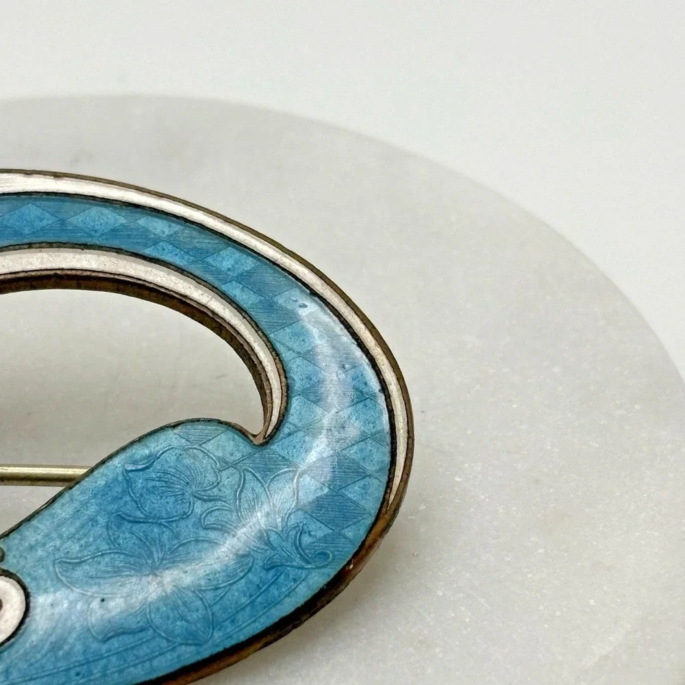 Vintage Guilloche Enamel Sash Pin Brooch Blue White Art Nouveau Unsigned